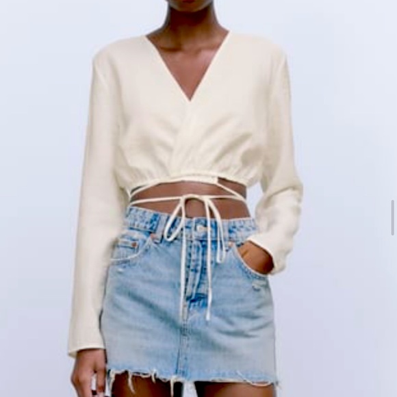 Zara Tops Nwt Zara Wrap Around V Neck Balloon Sleeve Cropped Shirt Poshmark